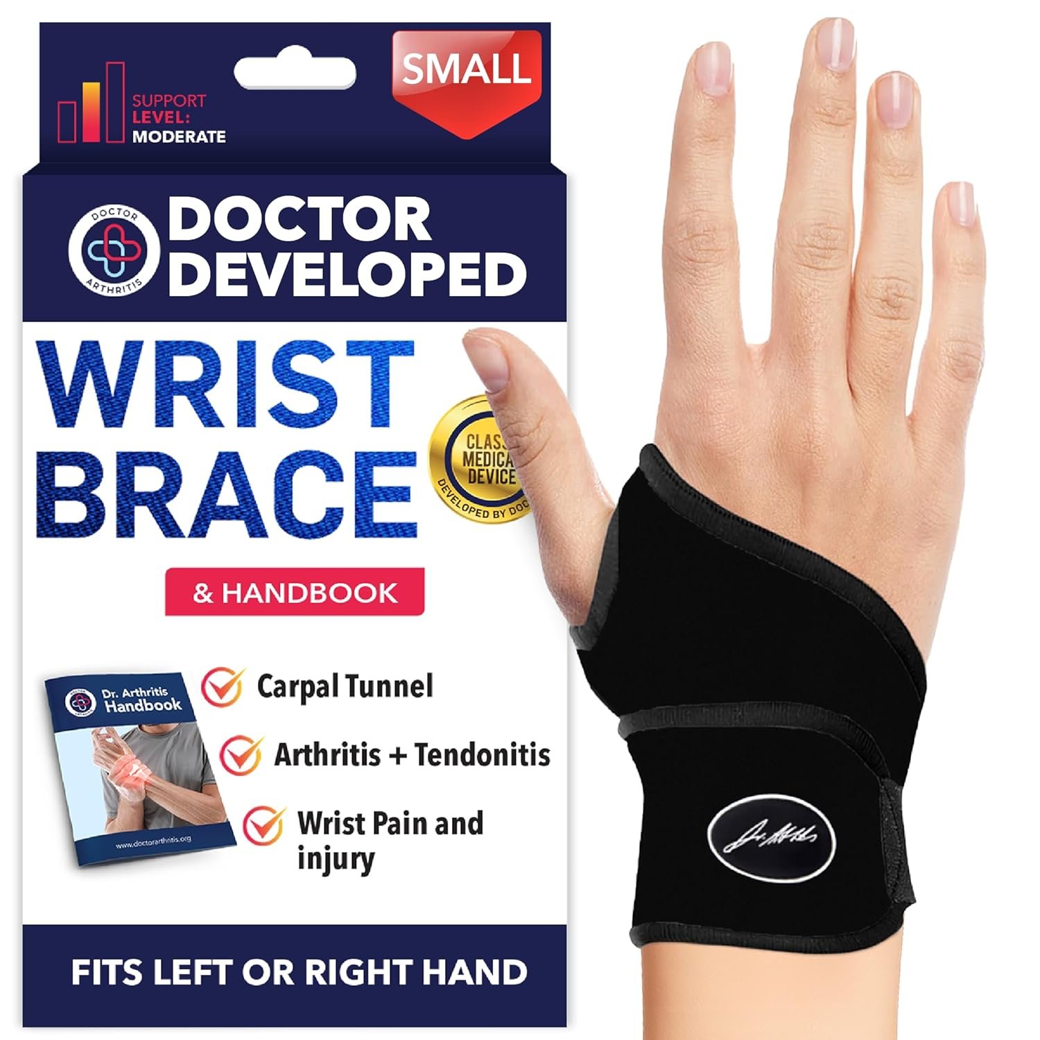 Doctor Developed Wrist Brace – Wrist wrap for Carpal Tunnel Arthritis,Tendonitis, Hand Support – Ideal for Fitness, Weightlifting – Handbook included (Black (Small- 1 Pack), Wrist Brace)