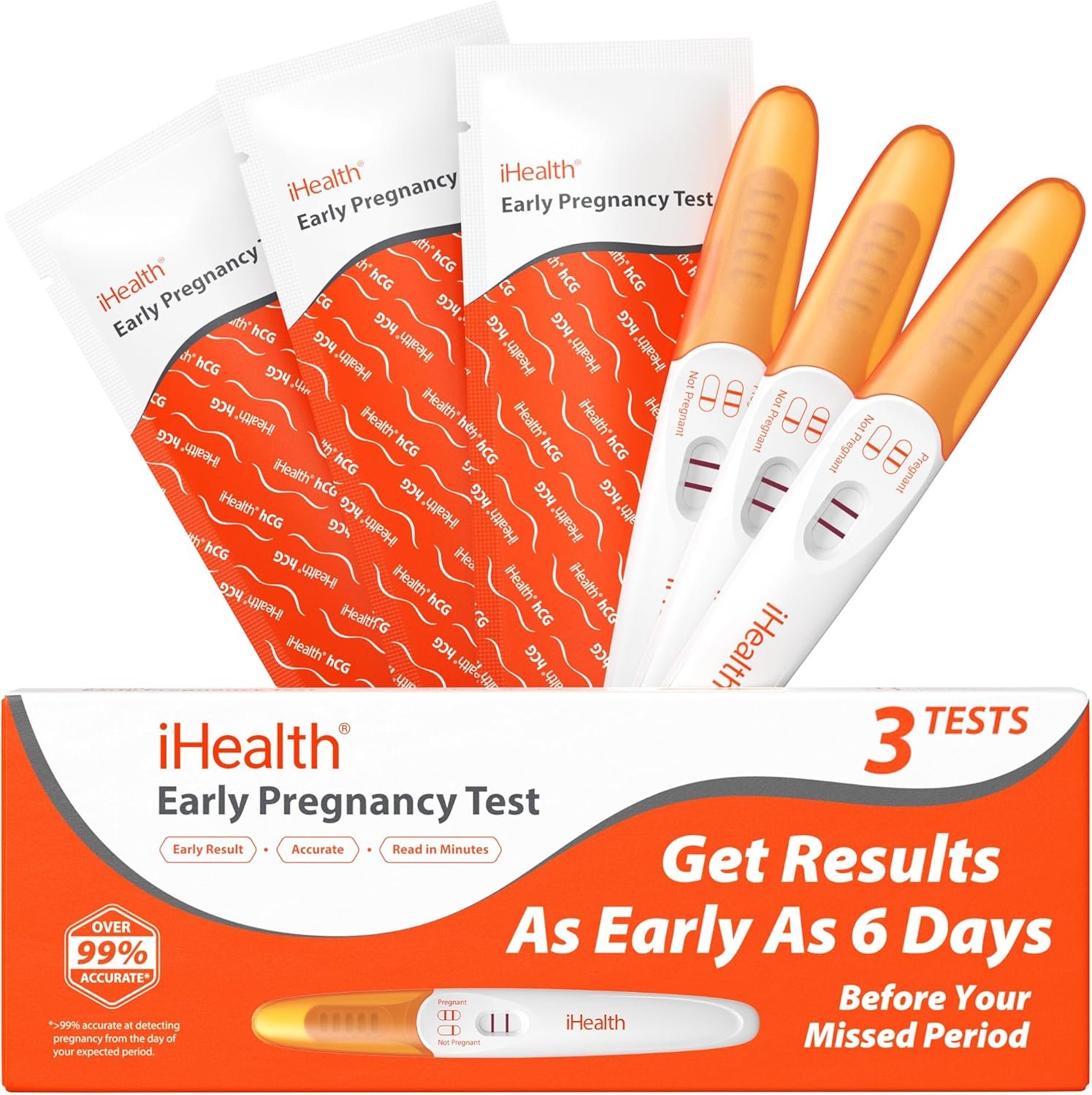 iHealth Pregnancy Test 3-Pack, Early Detection Ultra-Sensitive Results 6 Days Before Missed Period, Over 99% Accurate. Easy at-Home Fertility HCG Test Kit, Individually Wrapped, Pruebas de embarazo