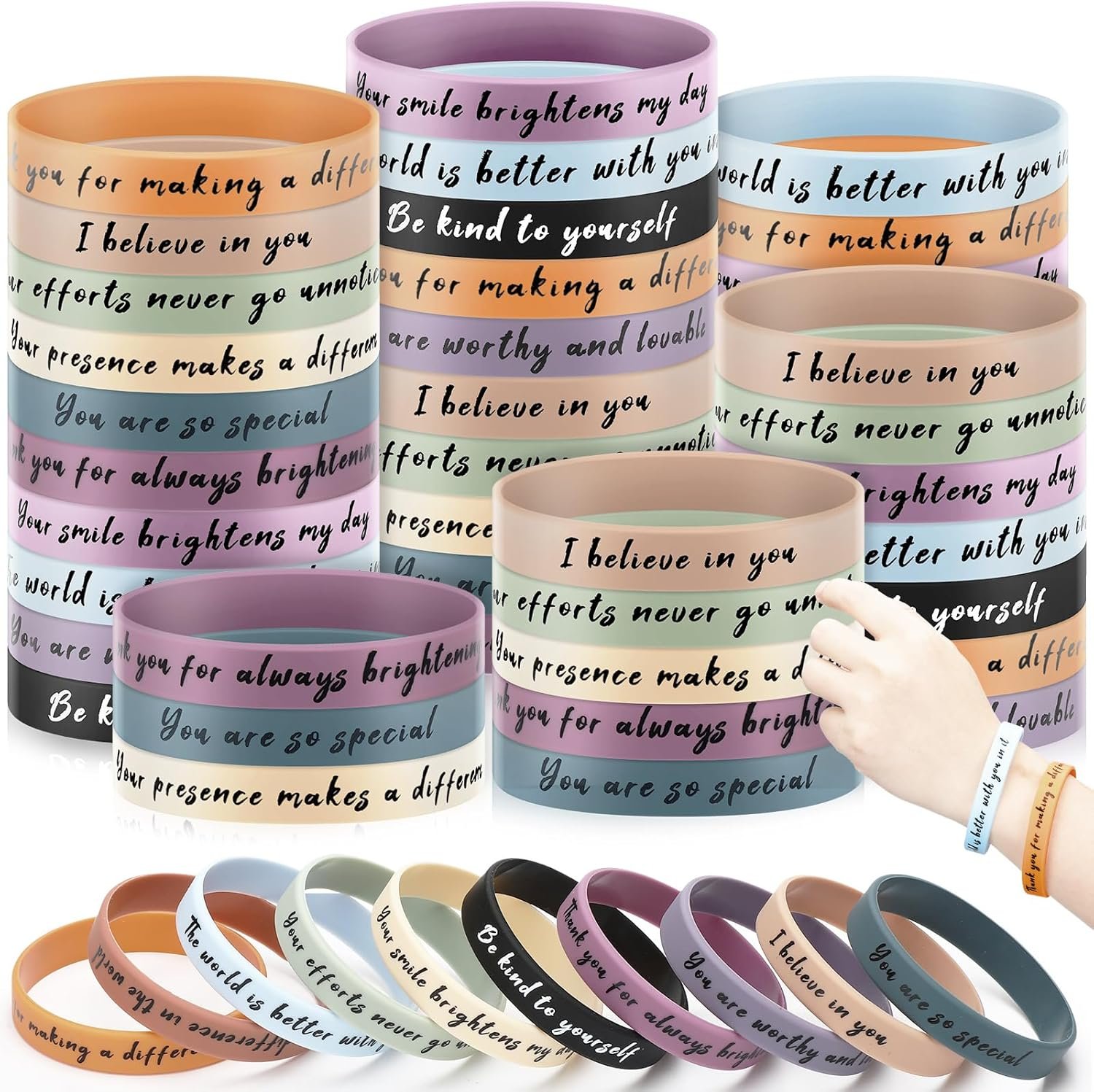 Lunmon 120 Pcs Motivational Silicone Bracelets Bulk Inspirational Rubber Wristbands Affirmations Bracelets for Women Mental Health Positive Encouragement Gift for Student Friendship Office Party Favor