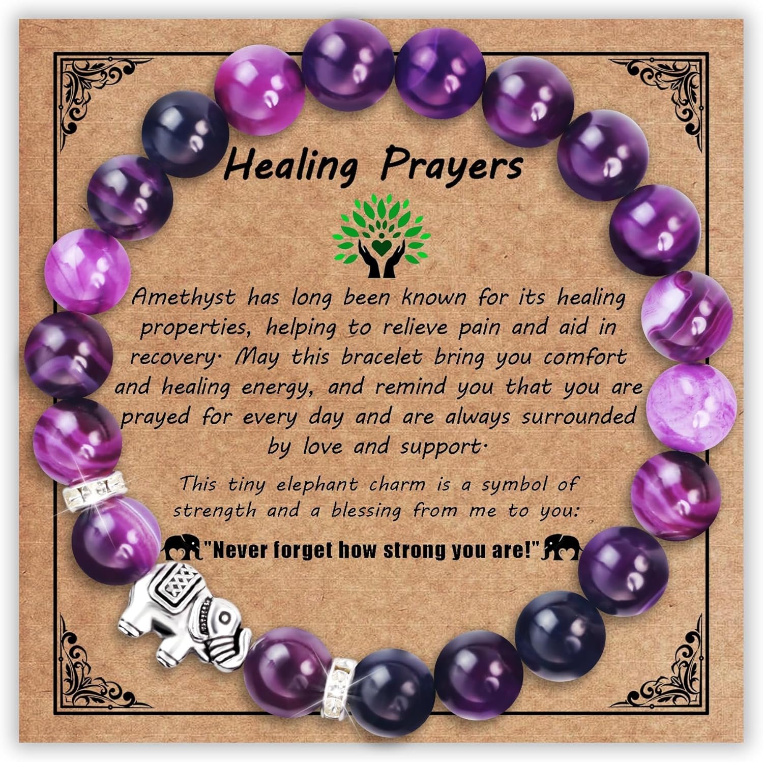 SmileBelle Get Well Gifts for Women After Surgery, Healing Bracelets as Inspirational Gifts Amethyst Bracelet for Breast Cancer Survivor Crystal Bracelet as Elephant Decor for Care Package