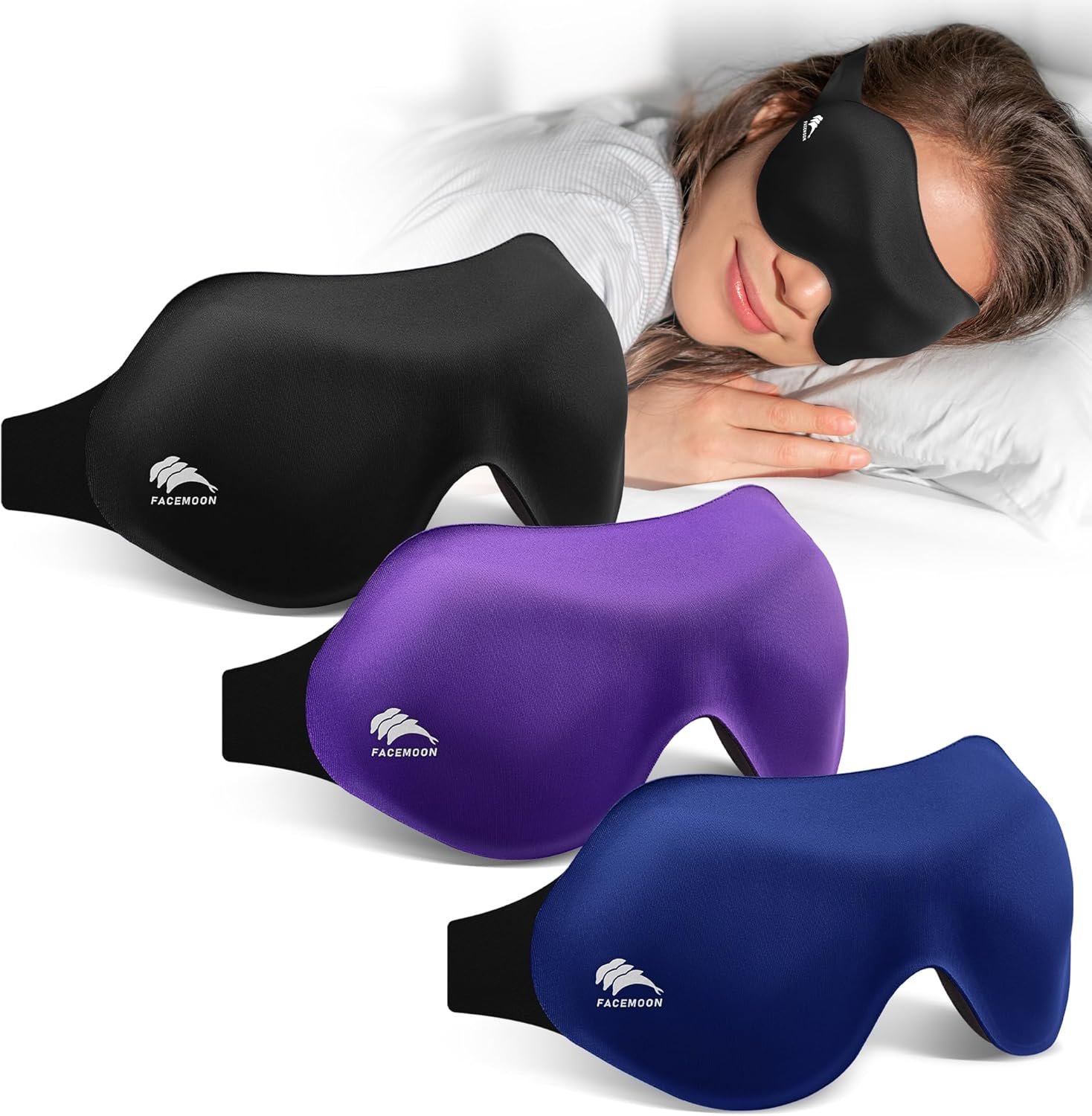 3 Pack Sleep Masks for Side Sleepers, True Blackout 3D Eye Mask for Sleeping, Zero Eye Pressure, Lash-Friendly, Adjustable Soft Eye Cover for Women Men, Travel Night Blindfold