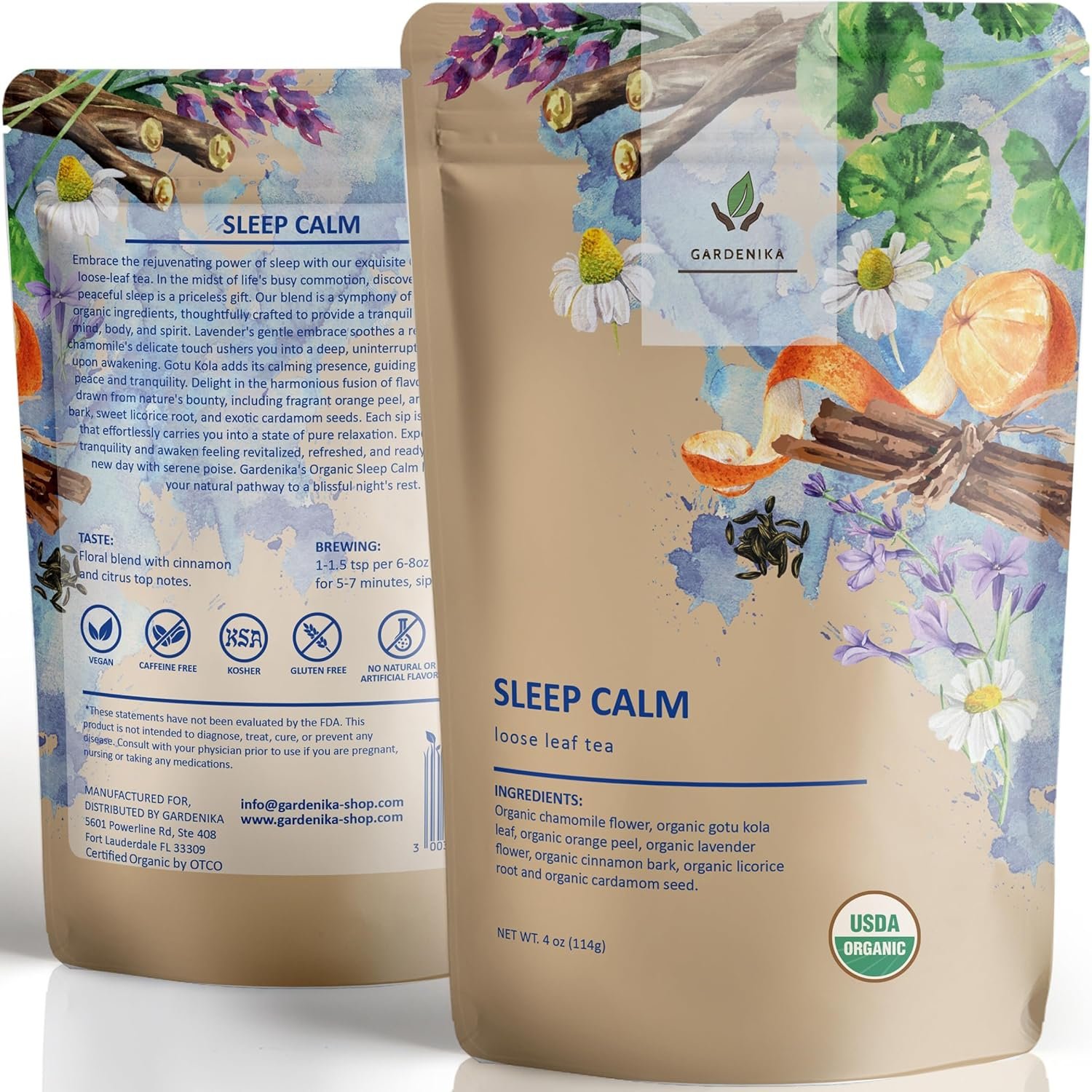 Gardenika Organic Sleep Loose Leaf Tea with Chamomile and Lavender Flowers, Herbal, Caffeine Free, KSA Kosher, Ayurvedic Blend – 4 oz (1 Pack)