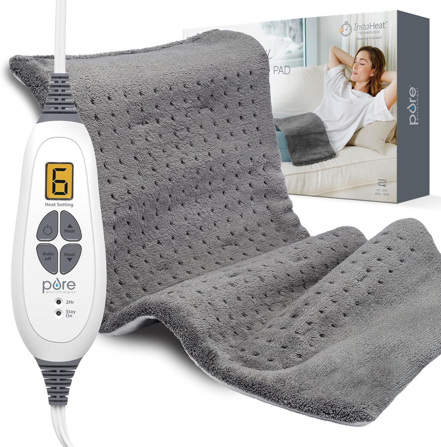 Pure Enrichment® PureRelief® XL Heating Pad – 12″ x 24″ Electric Heating Pad for Back Pain & Cramps, 6 Heat Settings, Soft Machine Wash Fabric, Auto-Off & Moist Heat (Charcoal Gray)