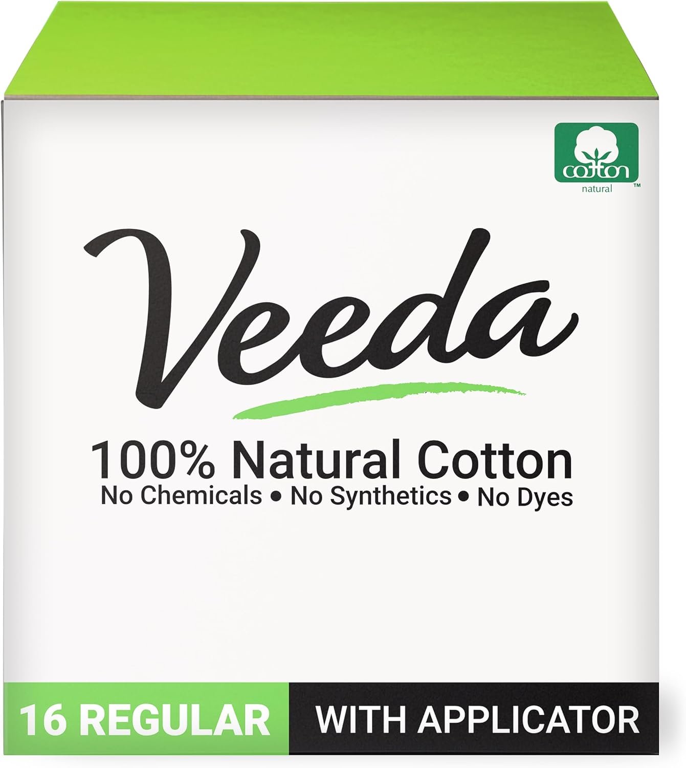 Veeda 100% Natural Cotton Tampons – Regular Absorbency with Leak Proof Protection – Compact BPA-Free Applicator – Unscented & Free from Chlorine, Toxin – 16 Count