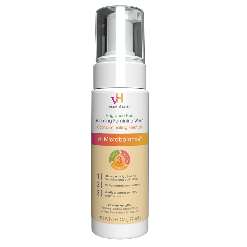 vH essentials Foaming Feminine Wash – Fragrance Free – Ph Balanced, Hypoallergenic, Prebiotics, Natural Botanical Extracts and Vitamins – Odor Eliminating Formula – 6 Fl Oz