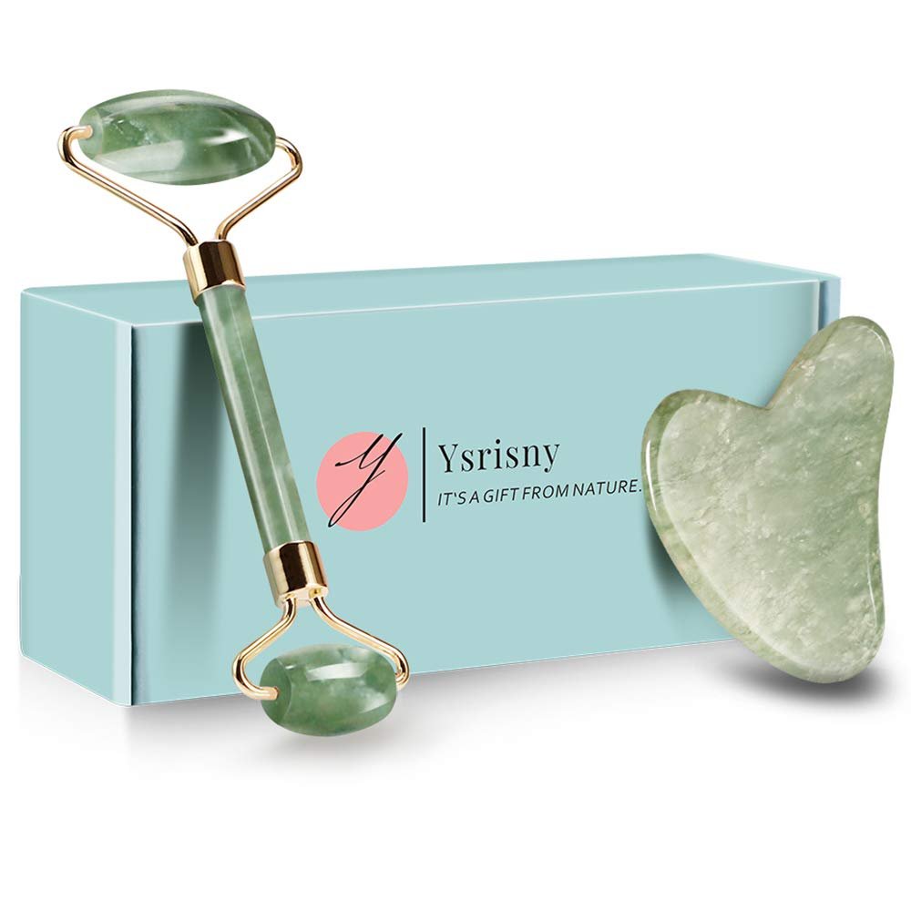 Ysrisny Gua Sha Facial Tools Jade Roller for Face – Facial Massage Tool for Anti Aging Wrinkles and Skin Rejuvenate -100% Natural Jade Stone for Face Eyes (Jade Roller+GUA SHA)