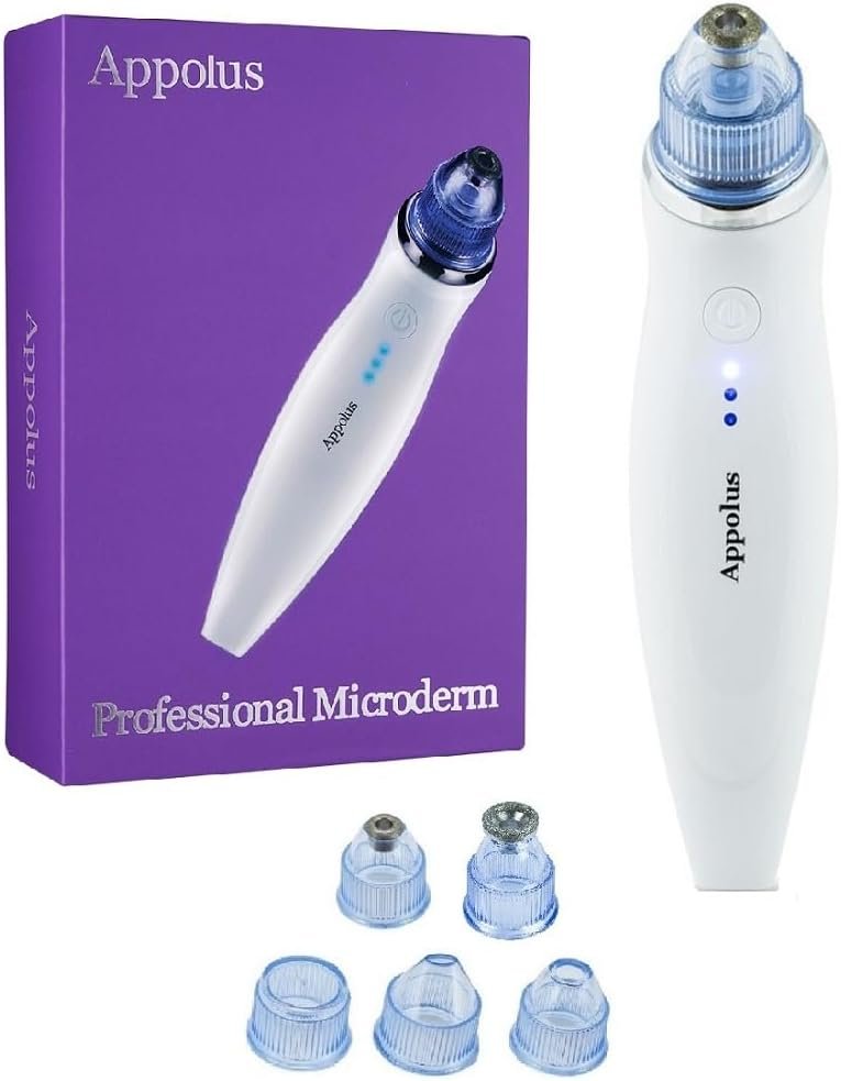 Microdermabrasion Machine – Appolus Premium Diamond Microdermabrasion Device Kit USB Rechargeable – 2 Diamond Tips – 5 Heads-Blackhead Remover Vacuum Tool-Lines Wrinkles Minimizer