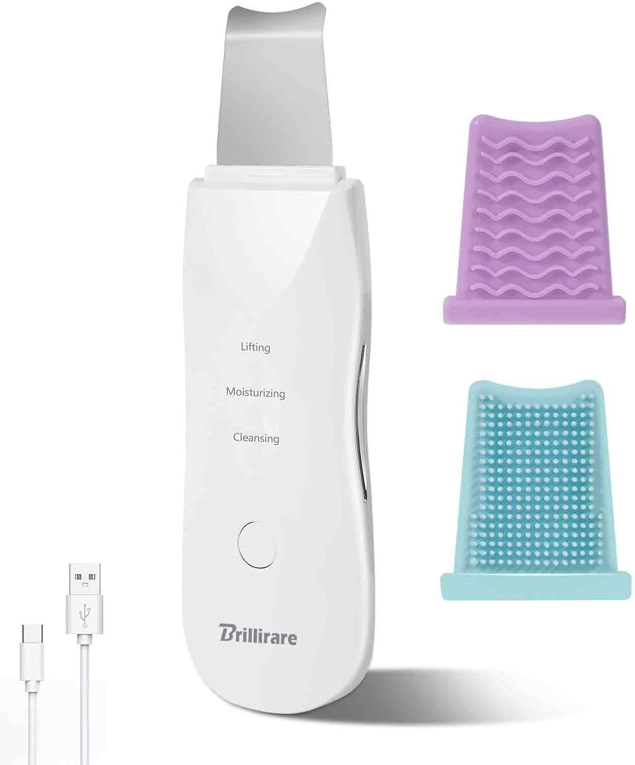 Face Scrubber, Skin Spatula, Facial Silicone Pore Cleaner, Rechargeable All Skin Types Waterproof Blackhead Remover Tools for Deep Cleansing, Exfoliating, 3 Modes Wireless, White