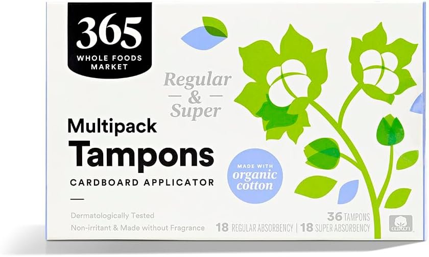 365 by Whole Foods Market, Tampons with Cardboard Applicators, Multipack (Regular & Super Absorbency), Made with Organic Cotton, Unscented, 36 Count