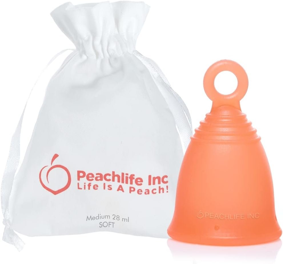 Peachlife Silicone Ring Menstrual Cup with Loop Pull Stem for Easy Removal – Reusable 12 Hour Tampon Alternative – Medium Size, Soft Peachcup