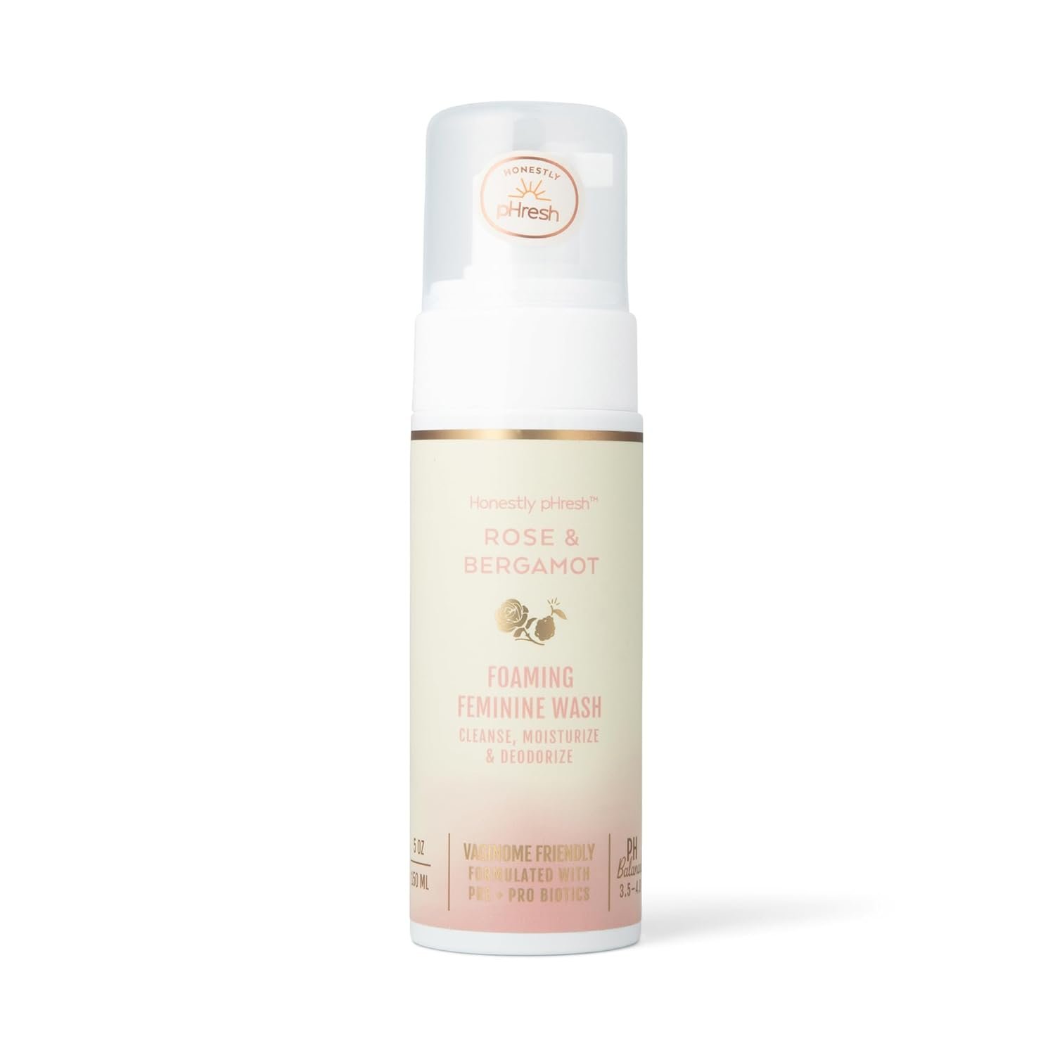 Honestly pHresh Foaming Feminine Wash for Women – pH Balanced Natural Intimate Cleanser with Prebiotics & Probiotics. Vegan, Sensitive Skin Safe. Made In USA – Rose & Bergamot Scent, 5 oz