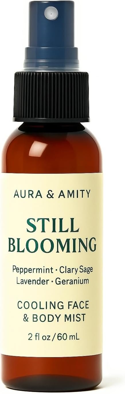 Aura & Amity Still Blooming Cooling Face & Body Mist, Natural Aromatherapy Blend with Peppermint, Clary Sage, Lavender, Geranium, 2 fl oz, Hot Flash Relief Spray