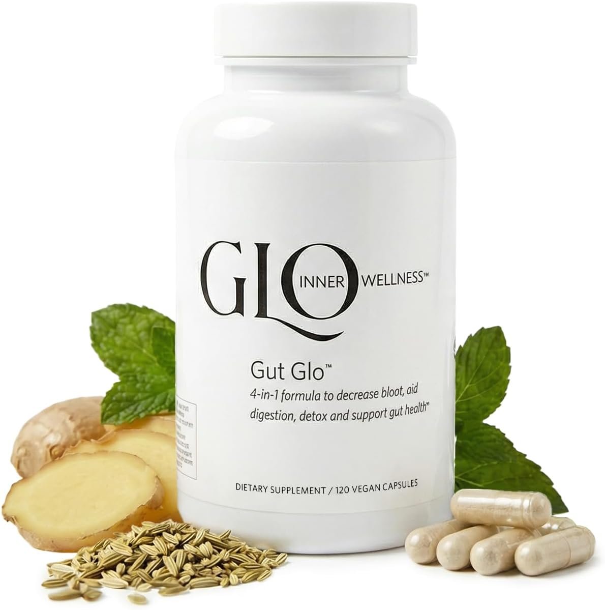Gut Glo Natural Bloating Relief, Gut Health, Digestion & Constipation Aid 4-in-1 Probiotic, Digestive Enzyme, Magnesium & Organic Herb Capsules – Vegan, 120 Count
