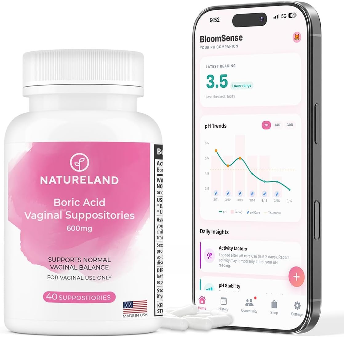 Natureland Boric Acid Vaginal Suppositories for Women 600mg – 40 Count – Made in USA – Feminine Care for pH Balance & Odor Control – Intimate Health Support – with BloomSense App