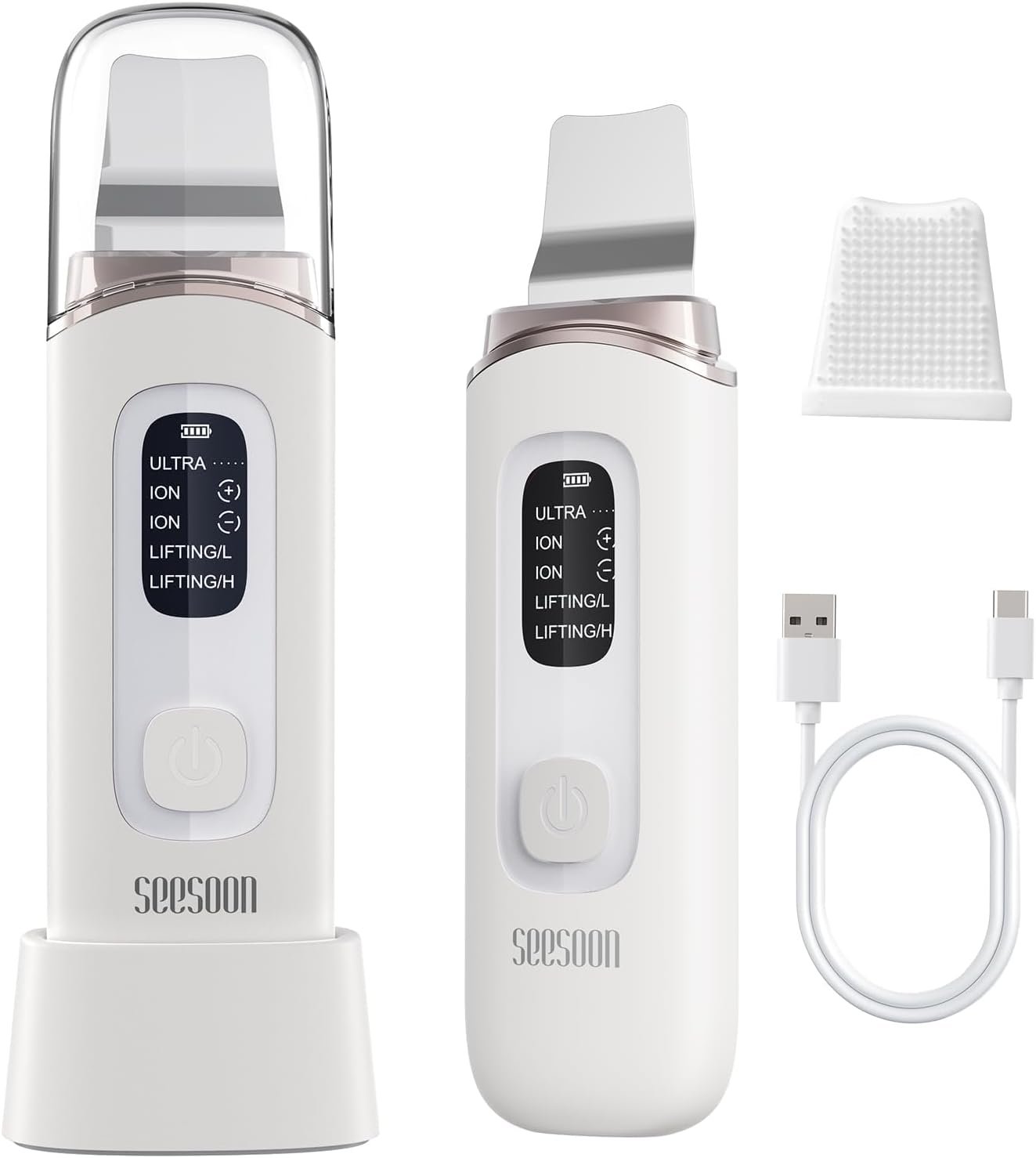 SEESOON Face Scrubber Exfoliator, Skin Scrubber Face Spatula, 4 Modes Blackhead Remover Tools for Facial Deep Cleansing with LCD Display, IPX7 Waterproof-White