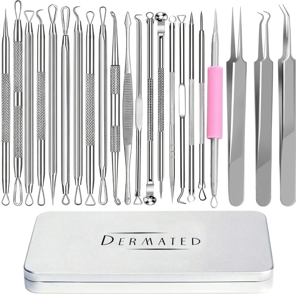 22 Pcs Pimple Popper Tool Kit 410 Stainless Steel Blackhead Remover Tools, Pimple Extractor Tool Kit for Blackheads, Blemish, Comdone, Acne, Zit, and Whiteheads for Face & Nose