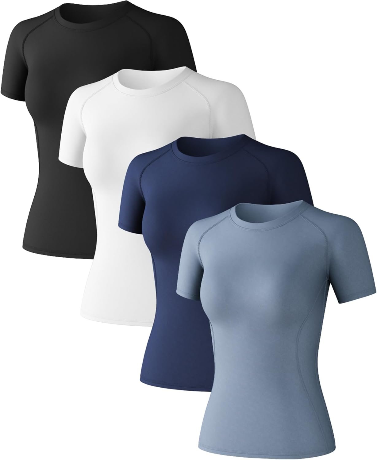 Women’s Compression Shirt – 4 Pack Short Sleeve Moisture-Wicking Baselayer Tops for Gym Yoga Running Athletic Workout