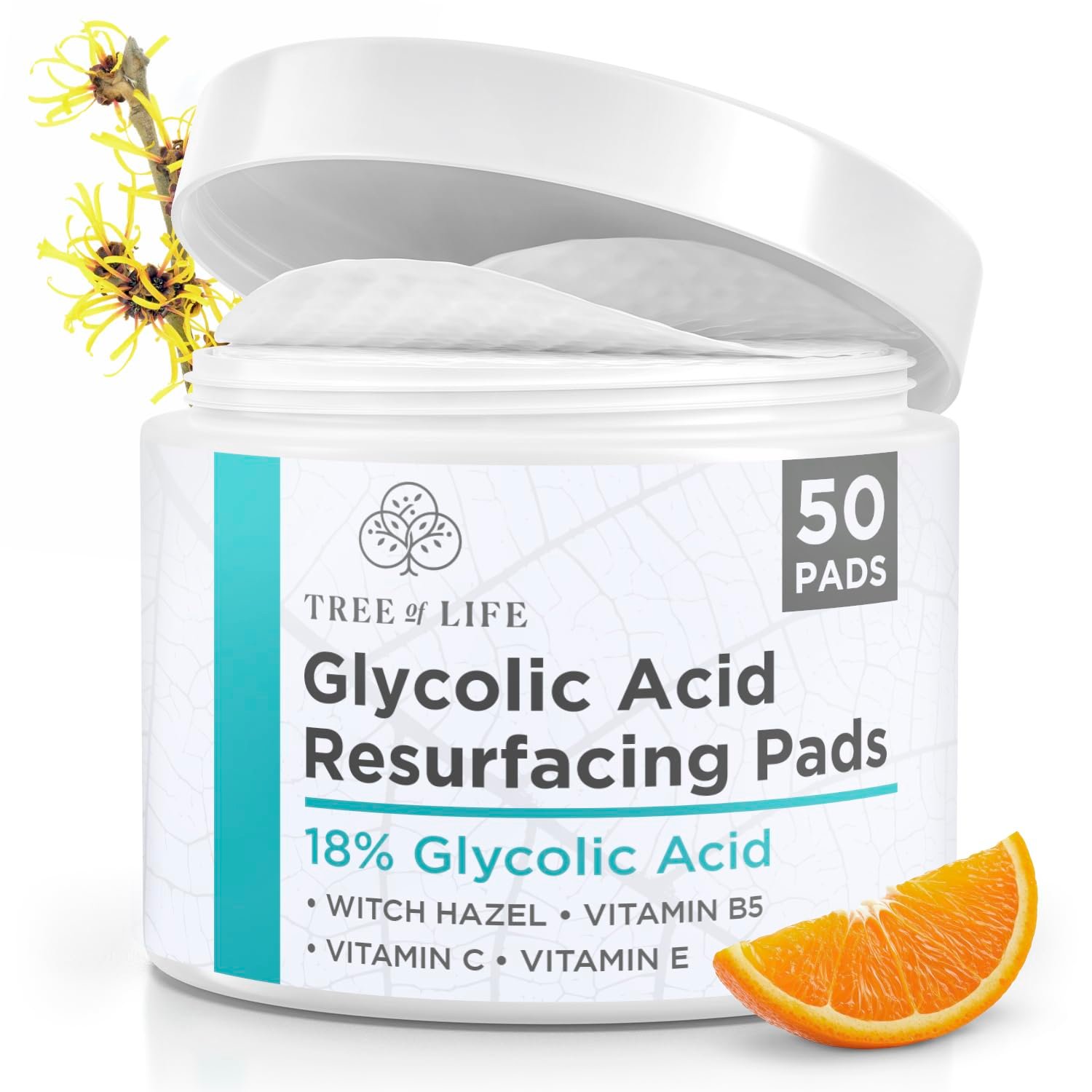 18% Glycolic Acid Pads for Face (50 Pads) – Exfoliating Pad for Face with Witch Hazel, Vitamin C, Vitamin B5 and Vitamin E – Smooth Pore Pad Reduce Pigmentation and Fine Lines