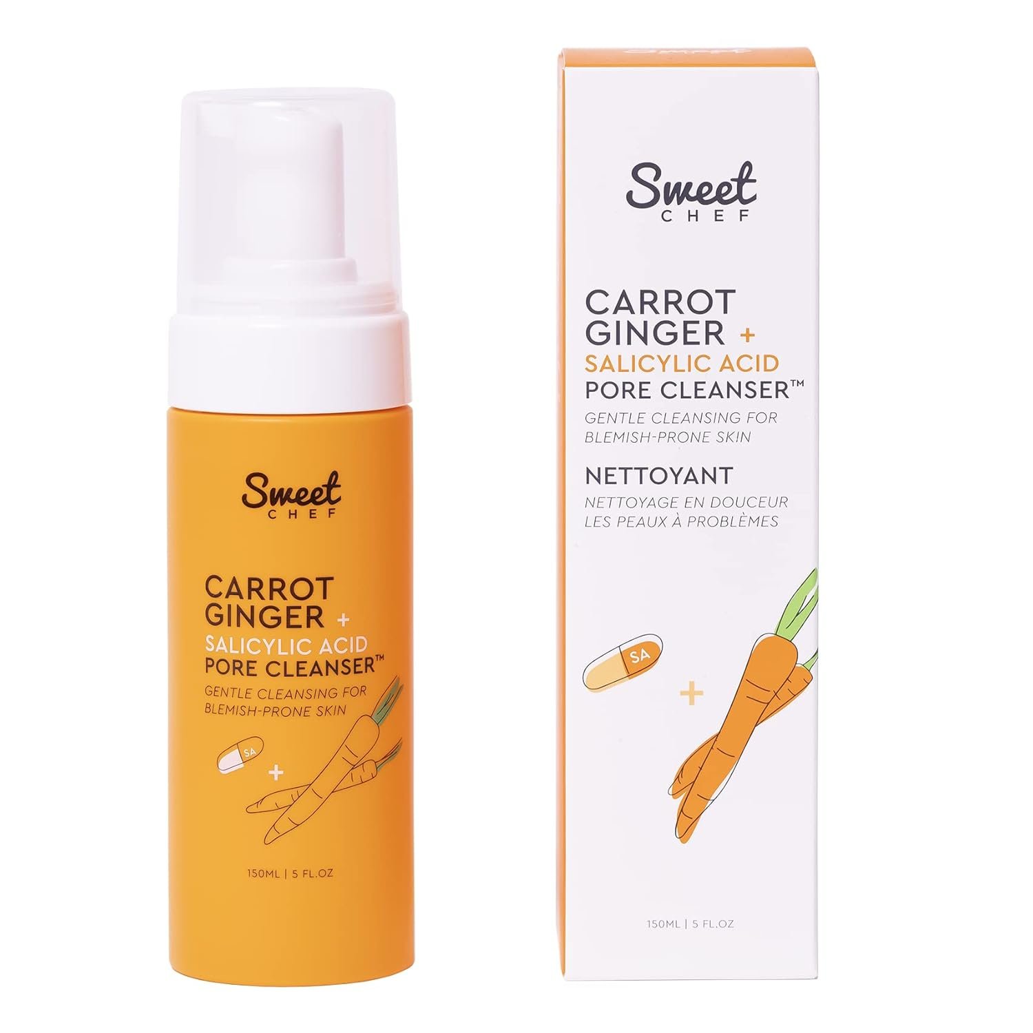 Sweet Chef Carrot Ginger + Salicylic Acid Pore Cleanser – Foaming Face Wash and Gentle Cleanser for Blemish Prone Skin – Brightening Ginger, Pore Minimizer Carrot and Exfoliating Face Wash (5 fl oz)