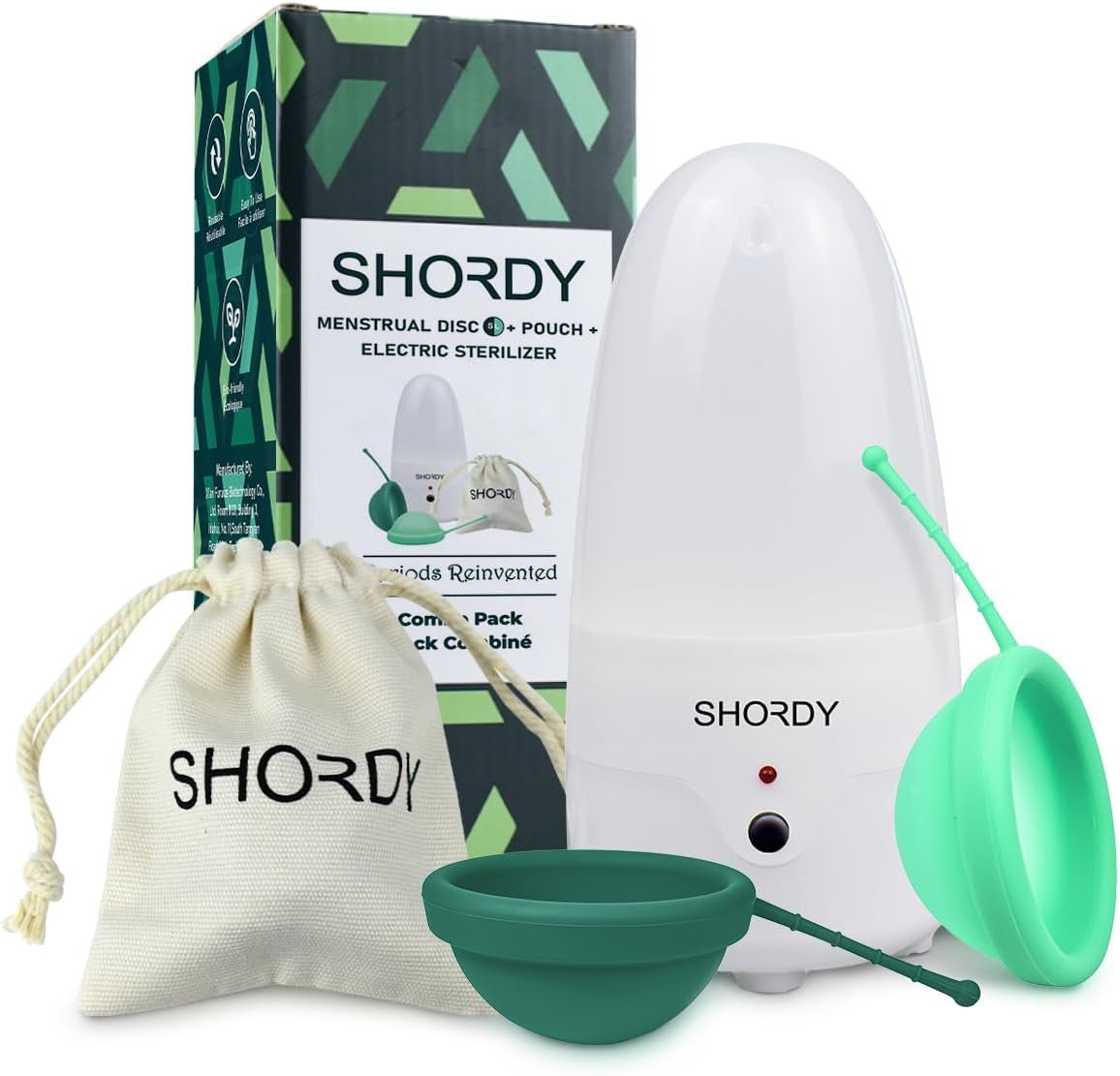 Shordy Menstrual Disc (2-Pack) with Electric Sterilizer – Small and Large Reusable Period Disc Starter Kit – 12-Hour Leak-Free Protection – Soft Medical Grade Silicone