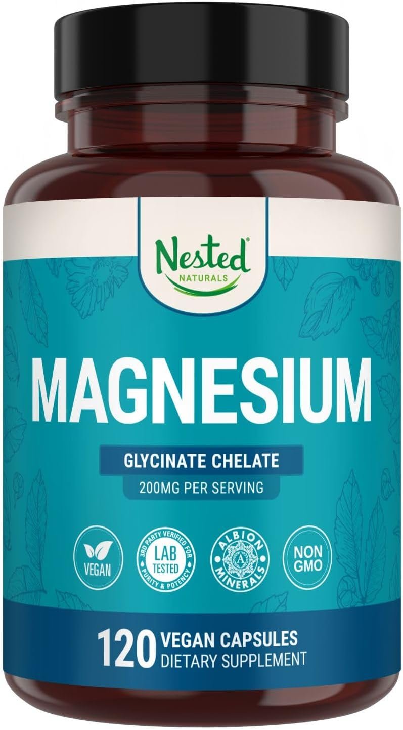 Nested Naturals Magnesium Glycinate Chelate – 200mg Chelated Magnesium Supplement for Muscle Cramps, Relaxation, & Sleep Support – 100% Albion TRACCS Buffered Magnesium Glycinate – 120 Vegan Capsules