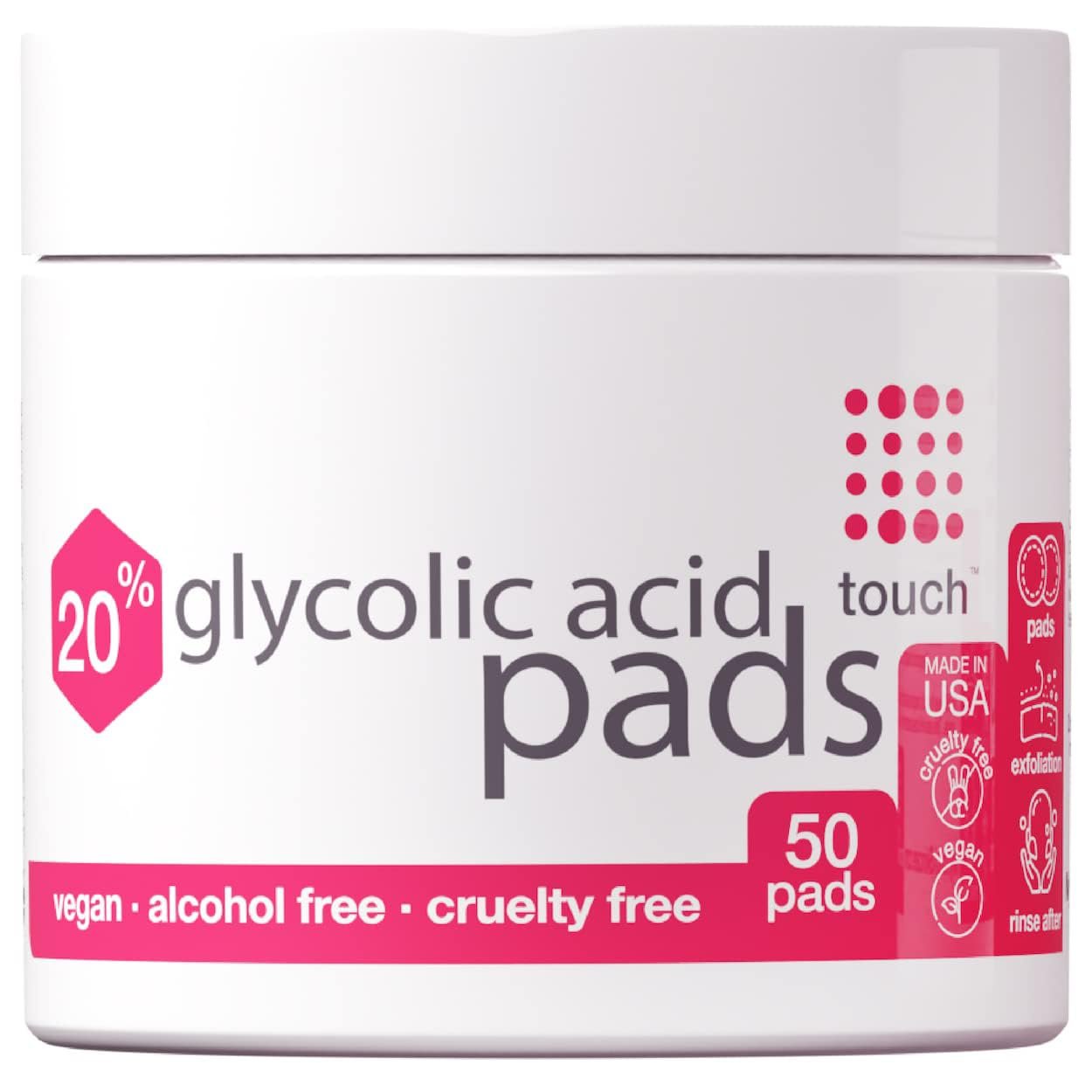 TOUCH 20% Glycolic Acid Pads Exfoliating And Resurfacing AHA Peel Face Wipes – Great for Dullness, Pores, Scars, Fine Wrinkles, Uneven Skin Tone & Texture, 50 Count