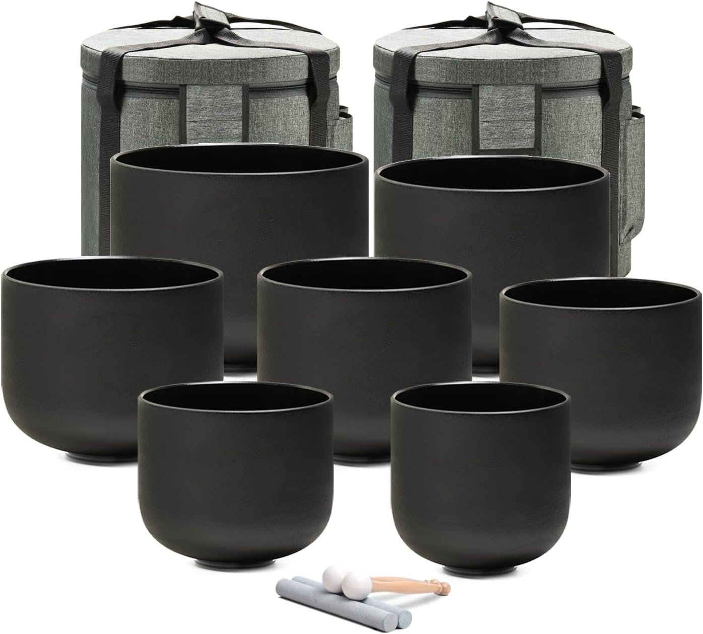 432HZ 6-12 Inch Set of 7 Chakra Black Frosted Quartz Crystal Singing Bowls with 2 Pcs Carry Cases and Suede Mallet