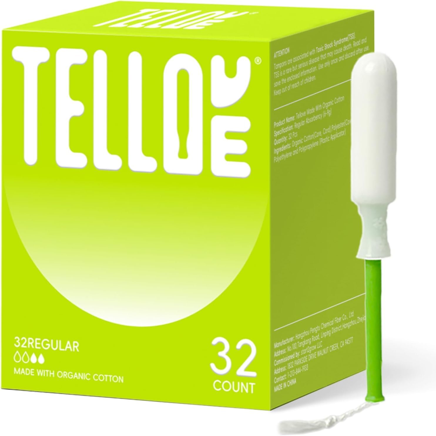 Tellove Tampons with 100% Organic Cotton Core, 32 Count (32 Regular Tampons), Featuring 360° Comfort-Expand Leakproof Technology with Comfort BPA-Free Long Applicator, Gentle on Sensitive Skin