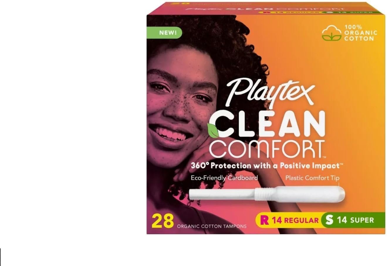 Playtex Clean Comfort Organic Cotton Tampons, Multipack (14ct Regular/14ct Super Absorbency), Fragrance-Free, Organic Cotton – 28ct