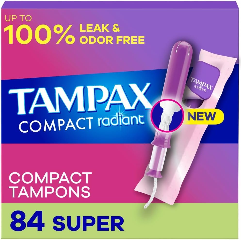 Tampax Compact Radiant Tampons for Women, with LeakGuard Braid & Extendable Applicator, Super Absorbency, Unscented, 84 Count (3 Packs of 28)