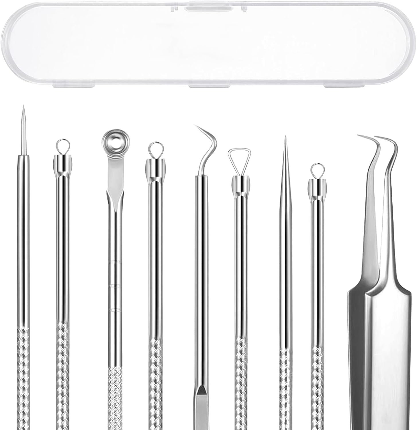 5PCS Blackhead Remover Comedone Extractor Kit – Professional Stainless Steel Tools for Pimple, Acne, and Blemish Removal – Curved Tweezers Included