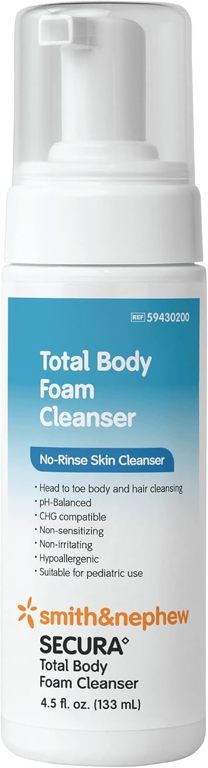 Smith & Nephew 59430200 SECURA Total Body Foam Cleanser, Foaming Waterless Body Cleanser, 4.5 Ounces