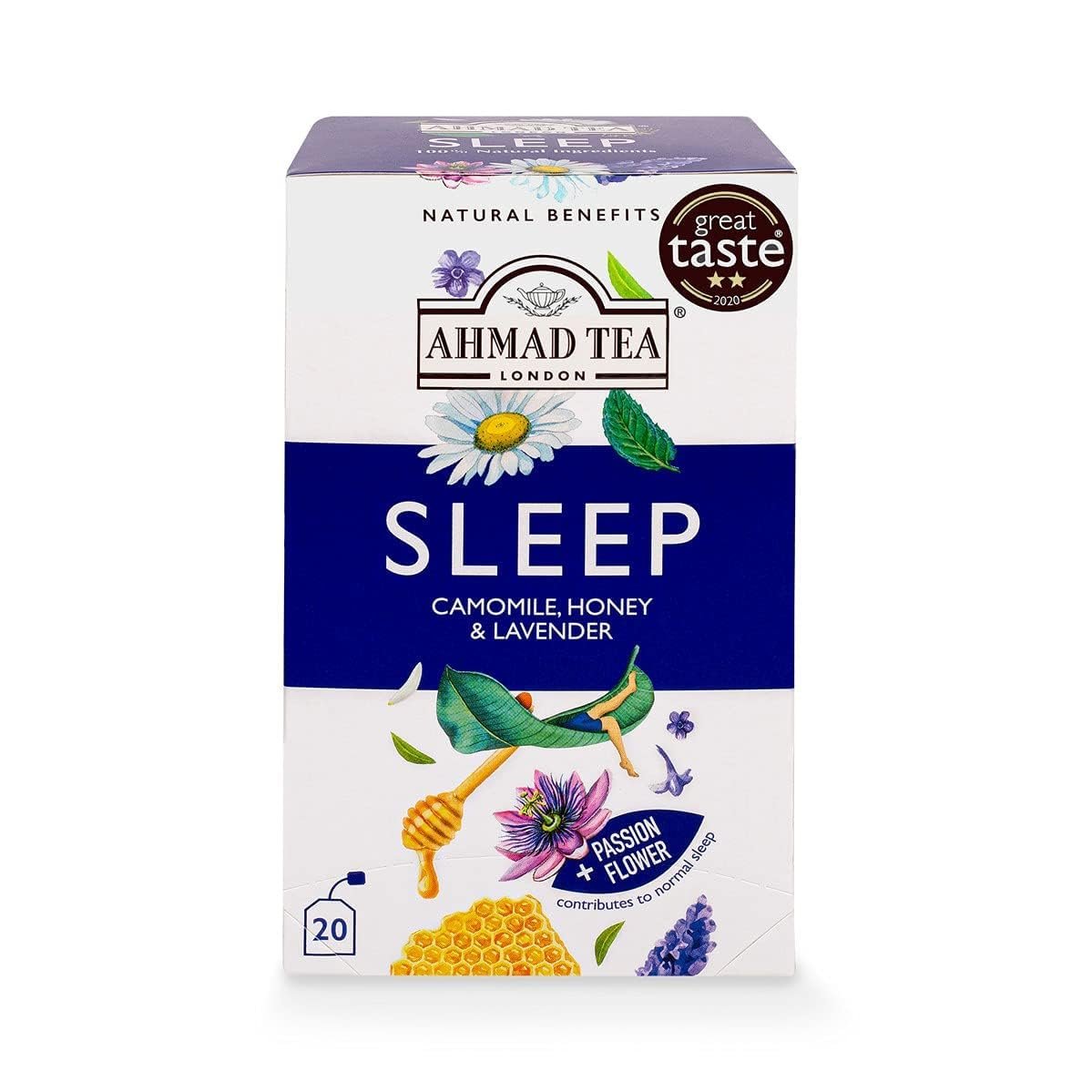 Ahmad Tea Herbal Tea, Camomile, Honey, & Lavender ‘Sleep’ Natural Benefits Teabags, 20 ct (Pack of 1) – Decaffeinated & Sugar-Free