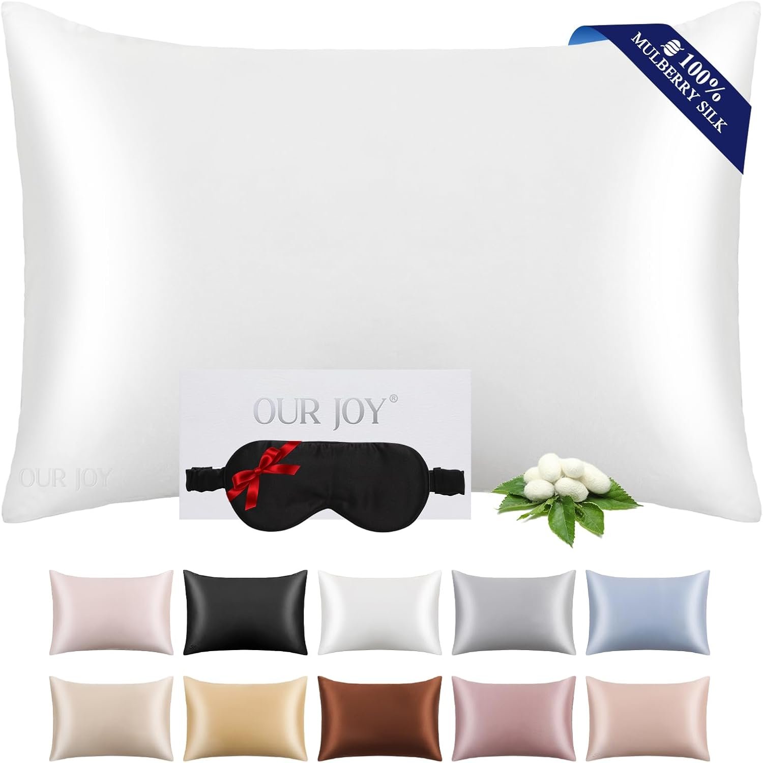 100% Mulberry Silk Pillowcase 22 Momme (SGS Certified) with Free Silk Eye Mask – Luxury Gift-Ready Folded Packaging, Cooling Pillow Cover for Hair & Skin Care (White, Standard (1 Pack))