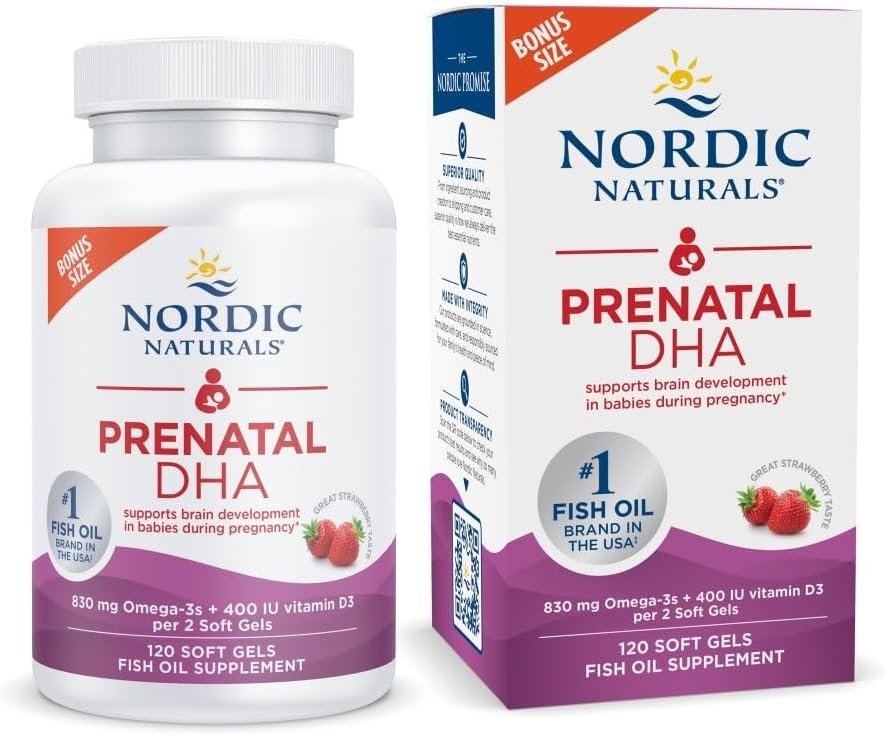 Nordic Naturals Prenatal DHA, Strawberry – 120 Soft Gels – 830 mg Omega-3 + 400 IU Vitamin D3 – Supports Brain Development in Babies During Pregnancy & Lactation – Non-GMO – 60 Servings