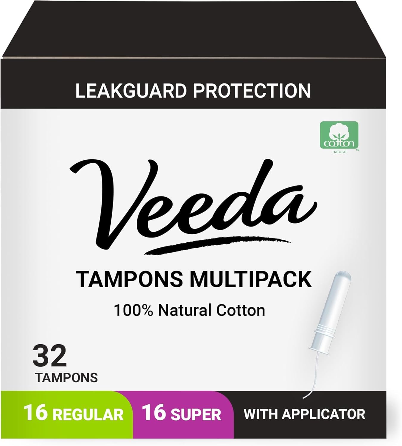 Veeda 100% Natural Cotton Compact Regular and Super Tampons – Compact BPA-Free Applicator – Unscented, Chlorine & Toxin Free – 16 Count Regular & 16 Count Super