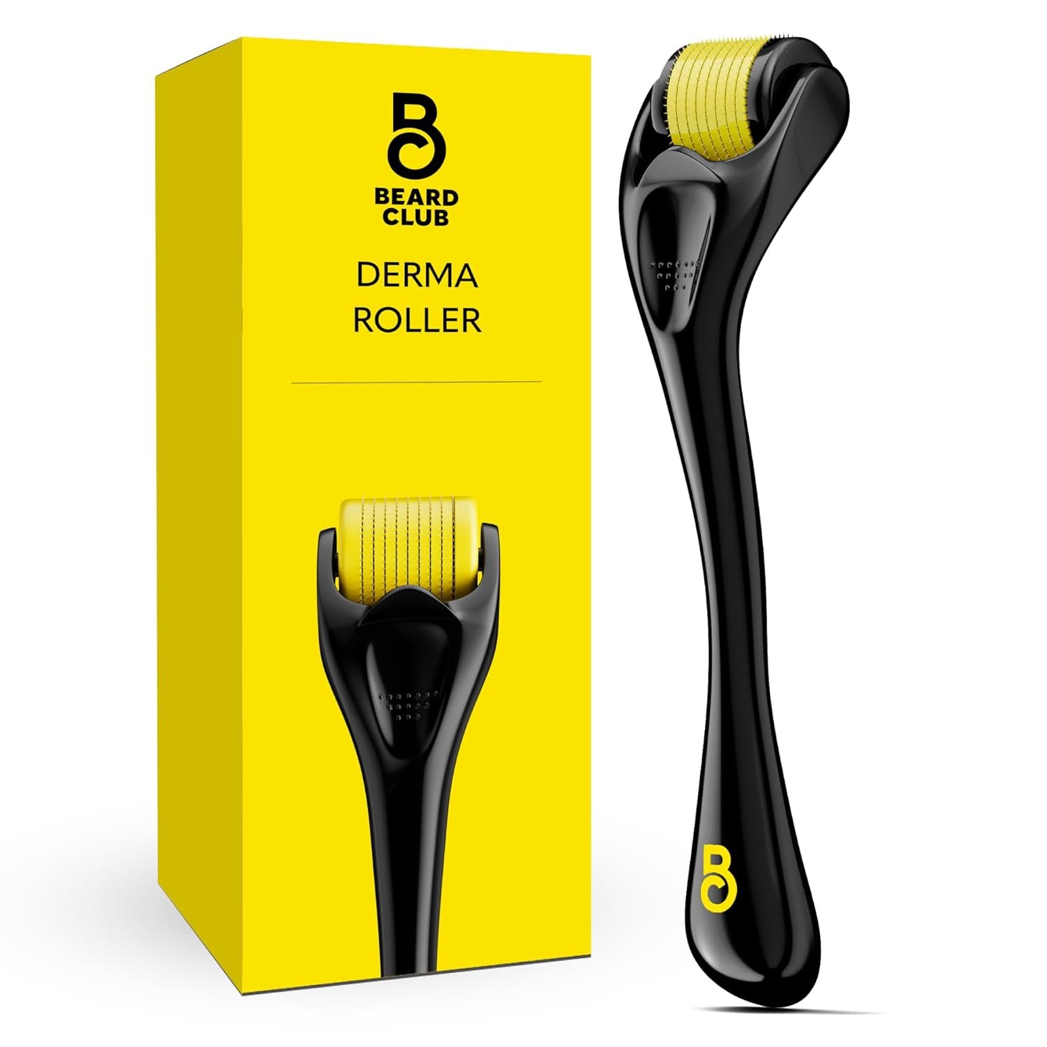 The Beard Club Derma Roller for Face, Body and Scalp – Microneedling for Men and Women with 540 Titanium Microneedles – Beard Roller & Micro Needling Scalp Hair – Black & Yellow