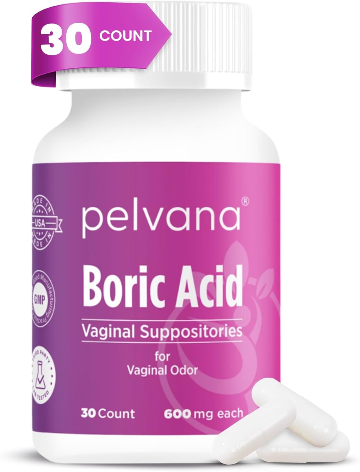 Pelvana Boric Acid Suppositories for Women – 30 Count – 600mg Boric Acid Capsules for Vaginal Odor Use