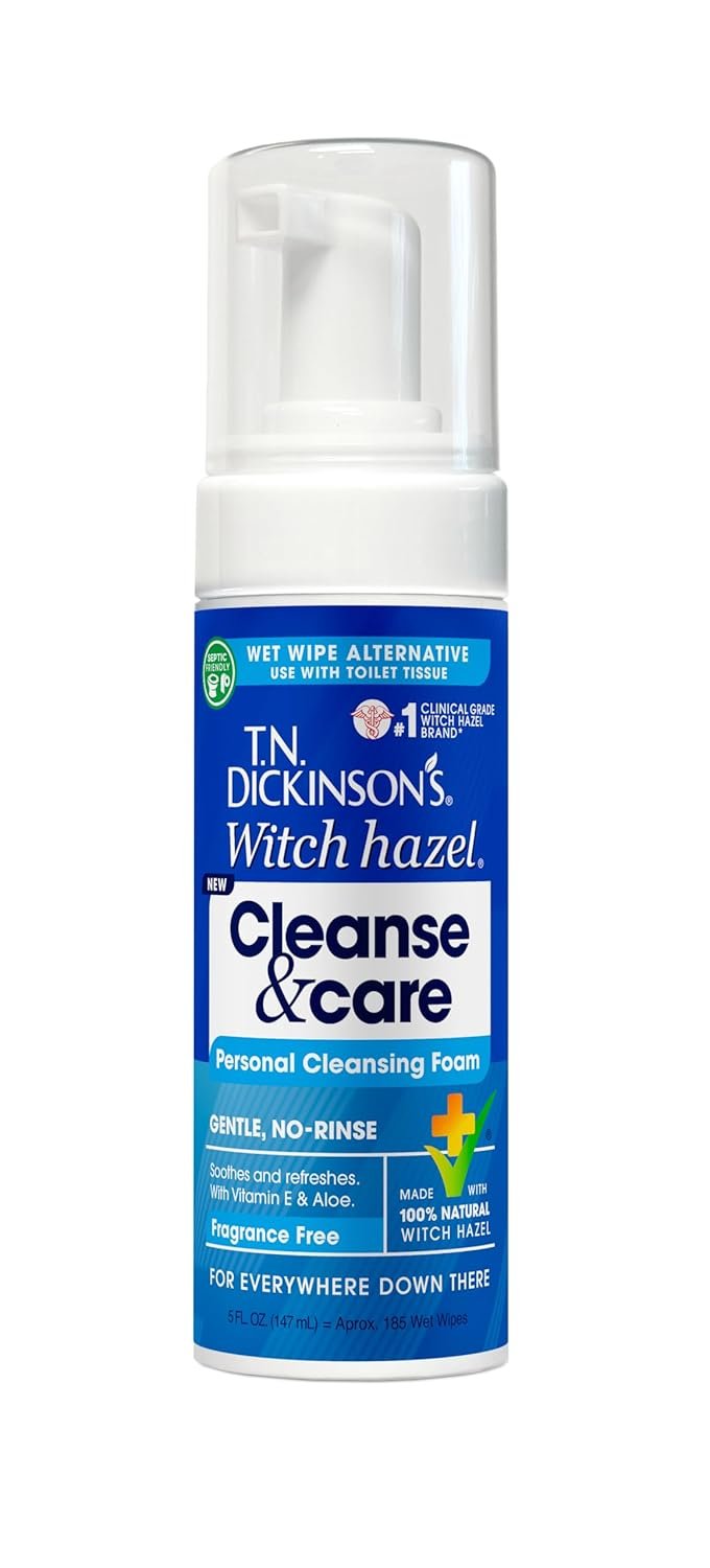 T.N. Dickinson’s Witch Hazel Cleanse & Care Personal Cleansing Foam, Fragrance Free (5 Fl Oz) | Toilet Paper Foam | Instant Wet Wipe Alternative | Gentle, Septic-Safe Formula