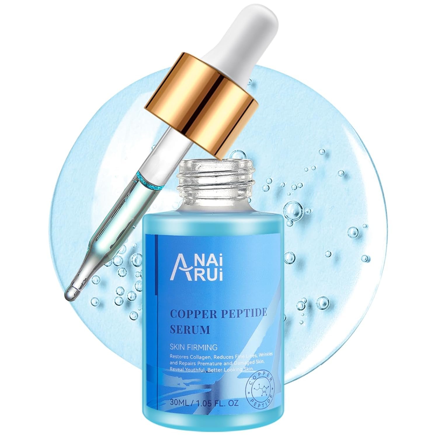 ANAI RUI Copper Peptides Serum for Face -Ghk-Cu Peptide Serum + Hyaluronic Acid – Reduces Fine Lines & Wrinkles, Plumping and Radiant Skin, 1.fl.Oz