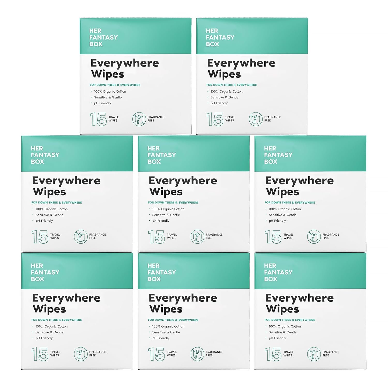 Her Fantasy Box | Everywhere Wipes – 100% Organic Cotton, Gentle & Refreshing, pH-Balanced, Fragrance-Free, Plant-Powered for Body, Face & Intimate Areas, Ideal for Sensitive Skin – 8 Pack, 120 Wipes