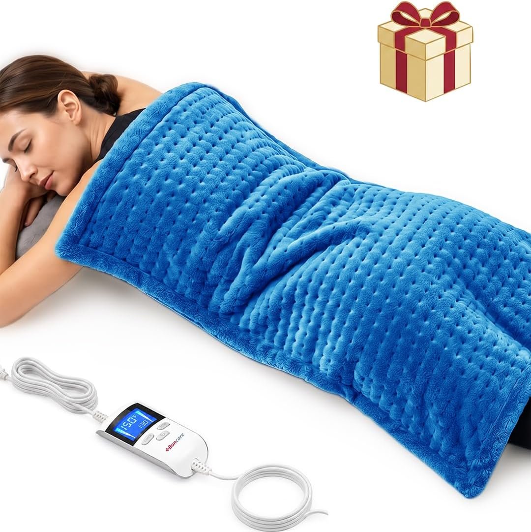 Boncare® Ultra Plush Heating Pad for Neck and Shoulder and Back with Auto-Off, Stay-On Warmth Up to 18 Hours, 6 Heat Levels, 12.6 ft Cord for Bed Foot Warmer with Gift Box (Blue, 17″x33″)
