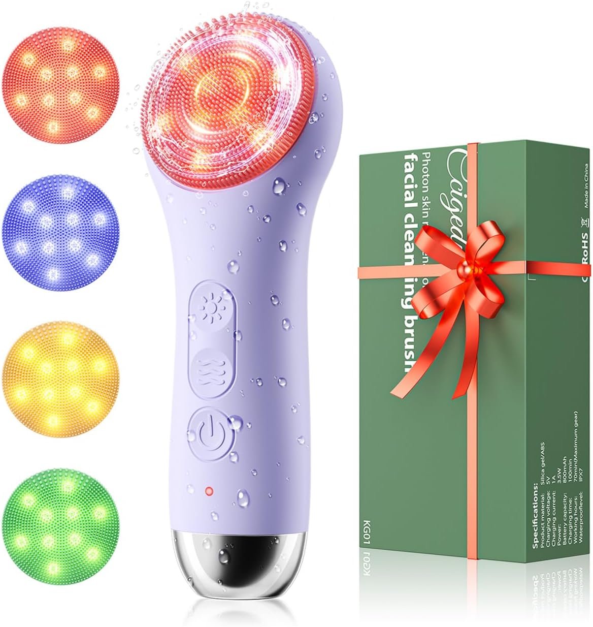Face Scrubber Facial Cleansing Brush – Waterproof and Rechargeable Face Cleansing Brush with 4 LED Gentle Light, Cleansing, Exfoliating and Massaging, Electric Face Scrub Brush for Men & Women