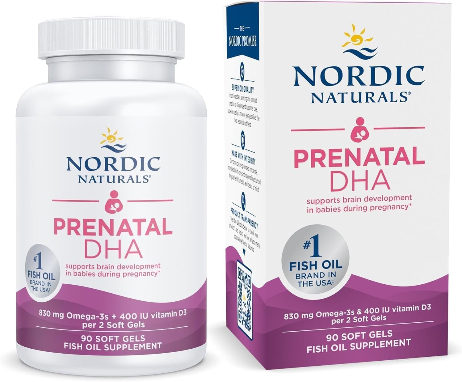 Nordic Naturals Prenatal DHA, Unflavored – 90 Soft Gels – 830 mg Omega-3 + 400 IU Vitamin D3 – Supports Brain Development in Babies During Pregnancy & Lactation – Non-GMO – 45 Servings