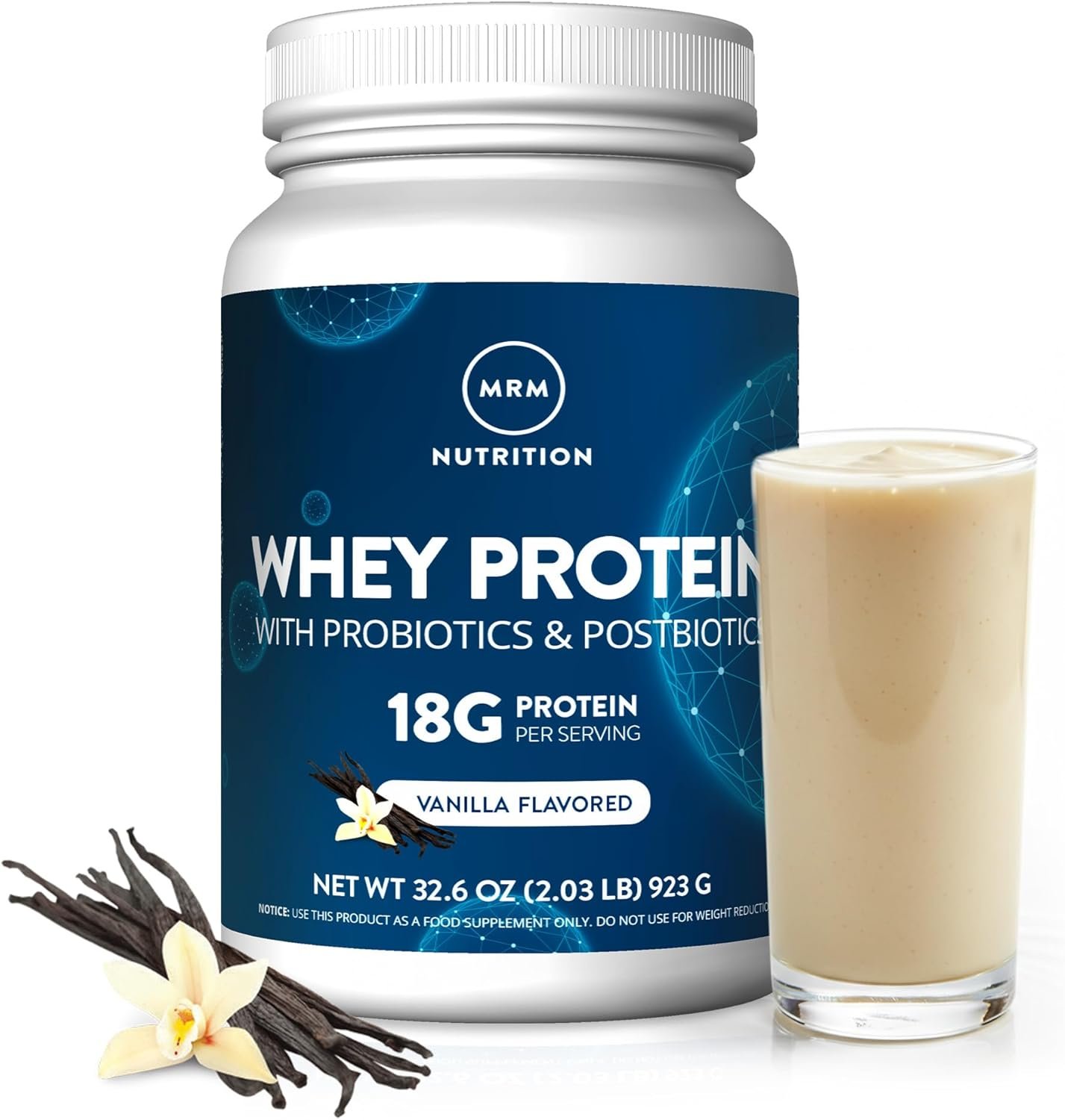 MRM Nutrition Whey Protein – Vanilla Flavored, Microfiltered Whey Protein Isolate & Concentrate, 16 Different Probiotic Strains, BCAAs, & Digestive Enzymes, Gluten Free, for Women & Men – 34 Servings