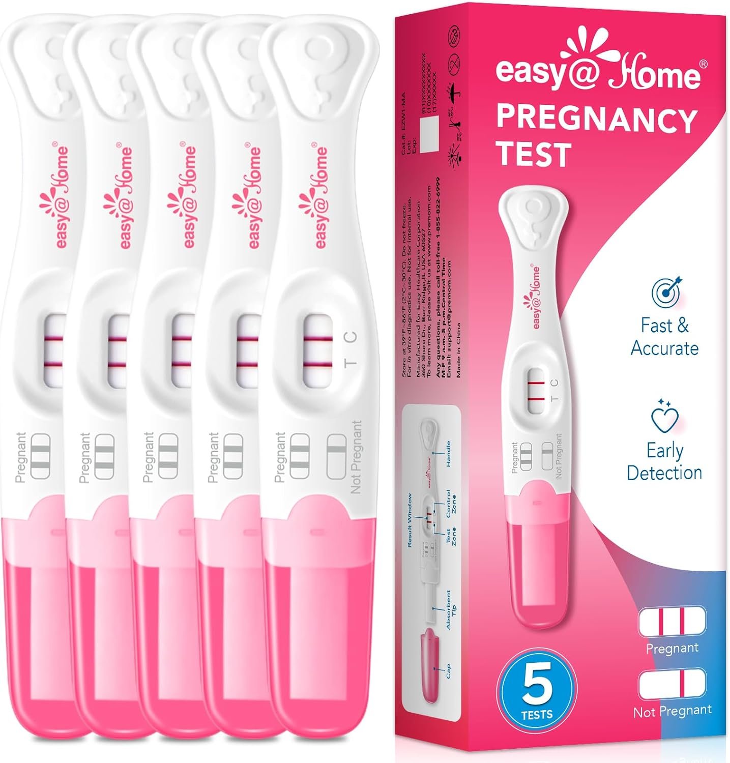Easy@Home Early Detection Pregnancy Test: Long Absorbent Tip for Easy Sampling – Precise Results in 3-5 Minutes – Easy to Use Fast & Accurate Pregnancy Tests Stick – Pruebas De Embarazo – 5 Counts