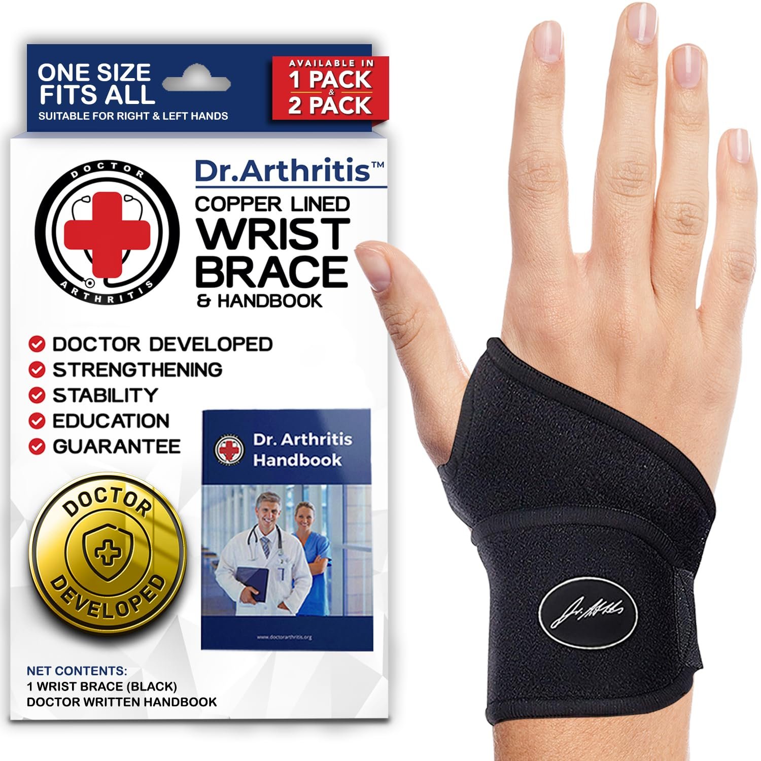 Doctor Developed Wrist Brace, Wrist Wraps for Carpal Tunnel Arthritis, Tendonitis, Hand Support, Ideal for Fitness, Weightlifting – Handbook Included (Wrist Brace 1 Pack)