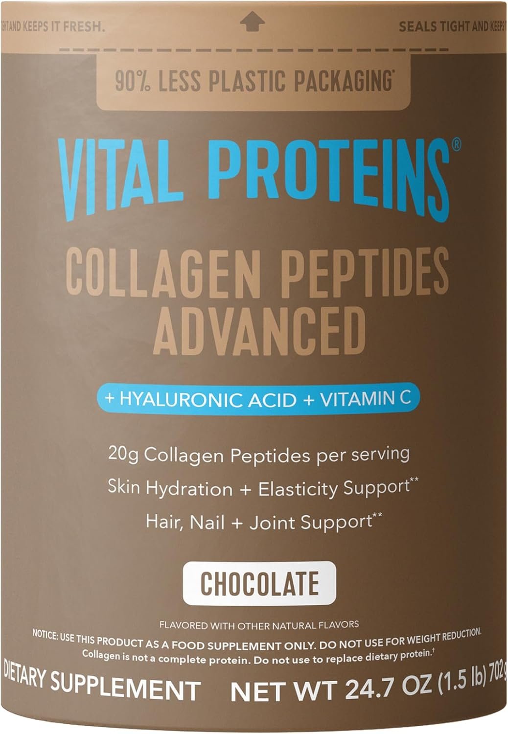 Vital Proteins Collagen Peptides Advanced, Hydrolyzed Peptides with Hyaluronic Acid and Vitamin C – Chocolate Flavor Powder, 24.7oz