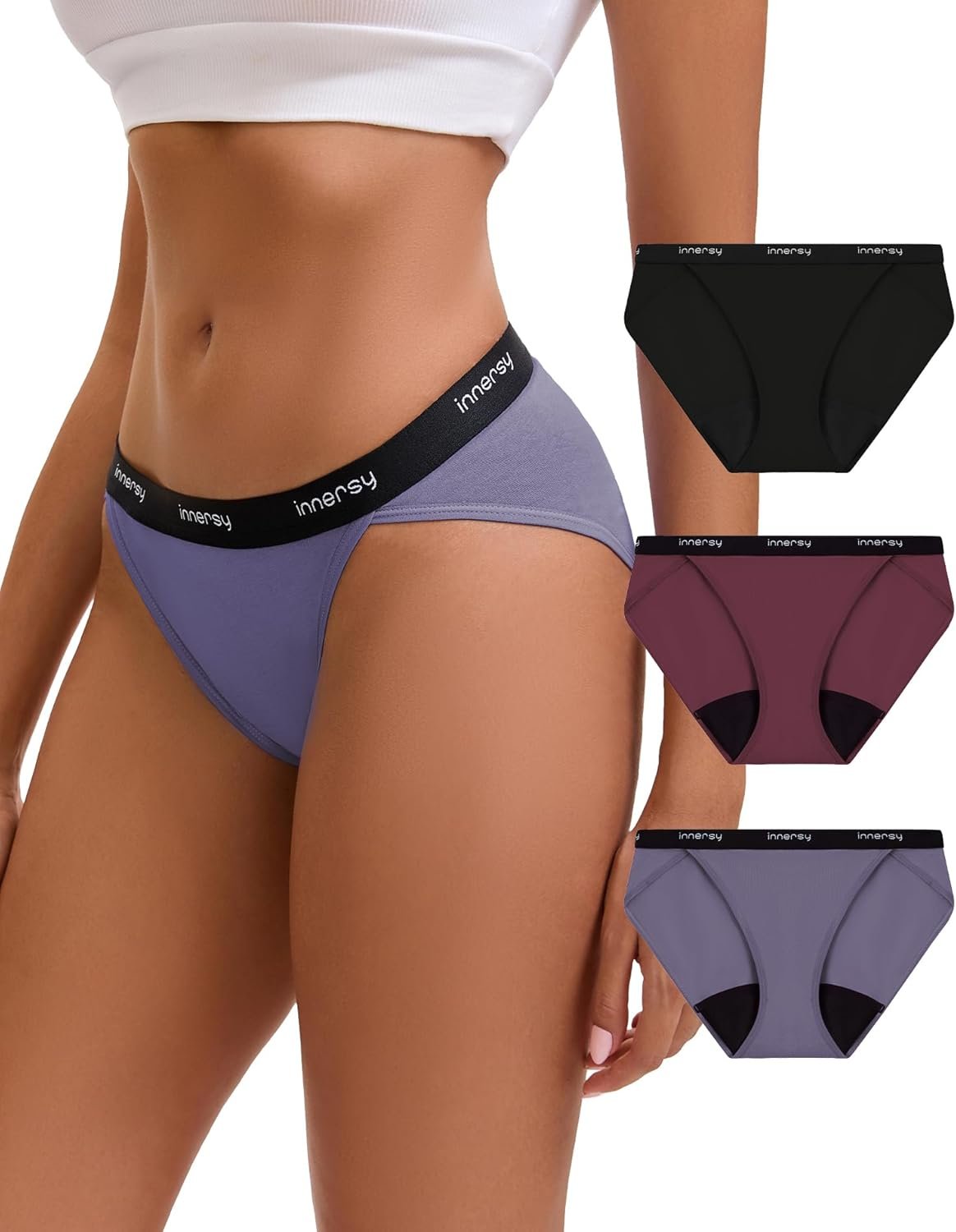 INNERSY Women’s Bikini Period Underwear Cotton Menstrual Leakproof Panties 3-Pack