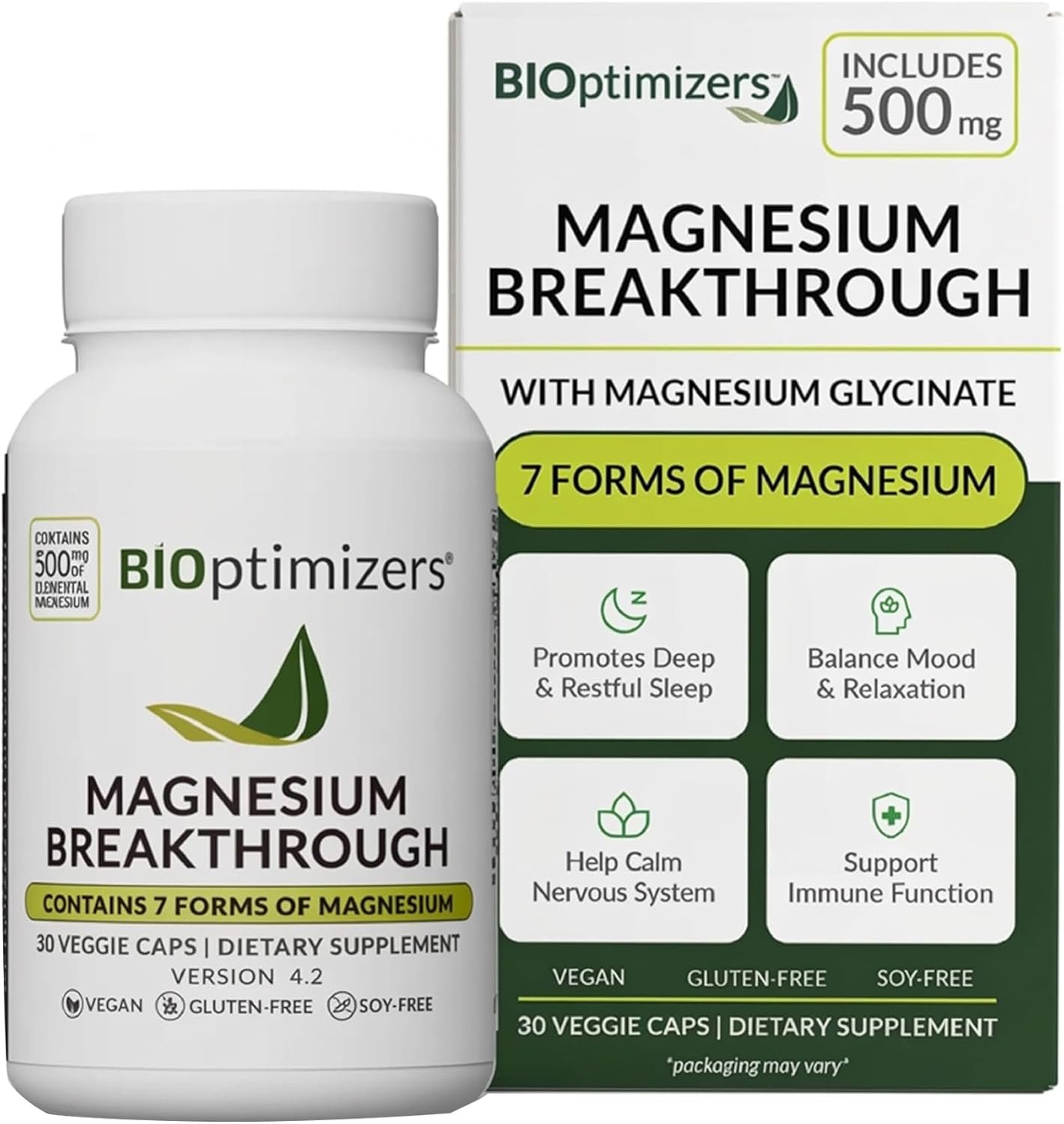 BIOptimizers Magnesium Breakthrough Supplement with 500mg – 7 Forms of Magnesium: Glycinate, Malate, Citrate, and More – Natural Support for Sleep and Cognitive Function -30 Capsules- Calming Vitamins